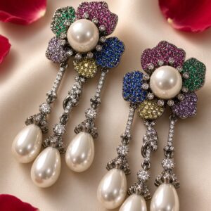 The Fluer Royal Multicolor Sapphire And Pearl Chandelier Earrings-Black Rhodium Finish