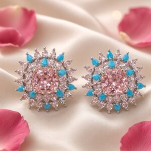 Blush Pink Sapphire And Turquoise Starburst Studs-Platinum Finish