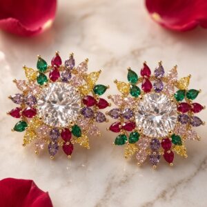 Navratana Inspired Multi-Gemstone Solitaire Sunburst Studs-Gold Finish