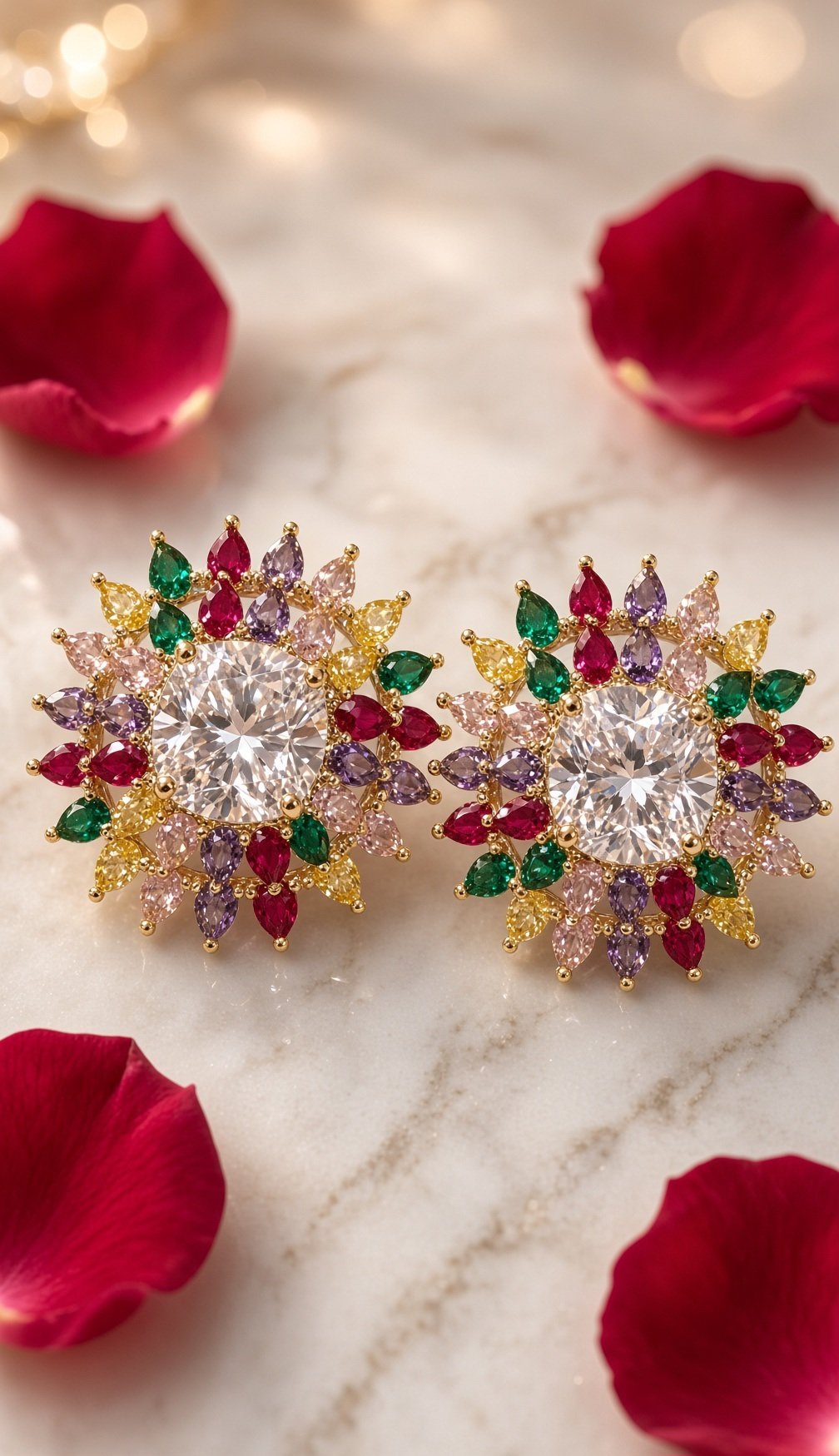 Navratana Inspired Multi-Gemstone Solitaire Sunburst Studs-Gold Finish