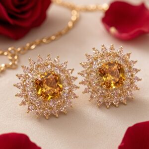 Solaris Cushion-Cut Yellow Topaz Sunburst Studs-Gold Finish