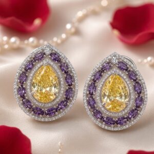 Canary Yellow Pear-Cut Citrine And Amethyst Double Halo Studs-Platinum Finish