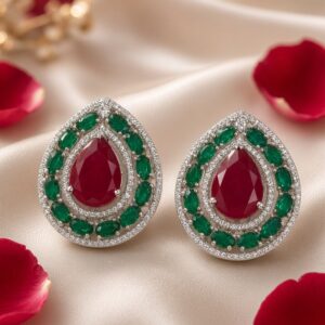 Royal Jaipur Pear-Cut Ruby And Emerald Studs-Platinum Finish