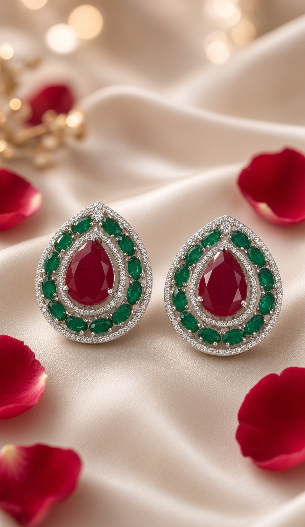 Royal Jaipur Pear-Cut Ruby And Emerald Studs-Platinum Finish