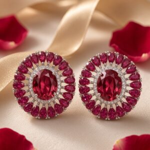 The Crimson Royale Oval Ruby Double Halo Studs-Platinum Finish
