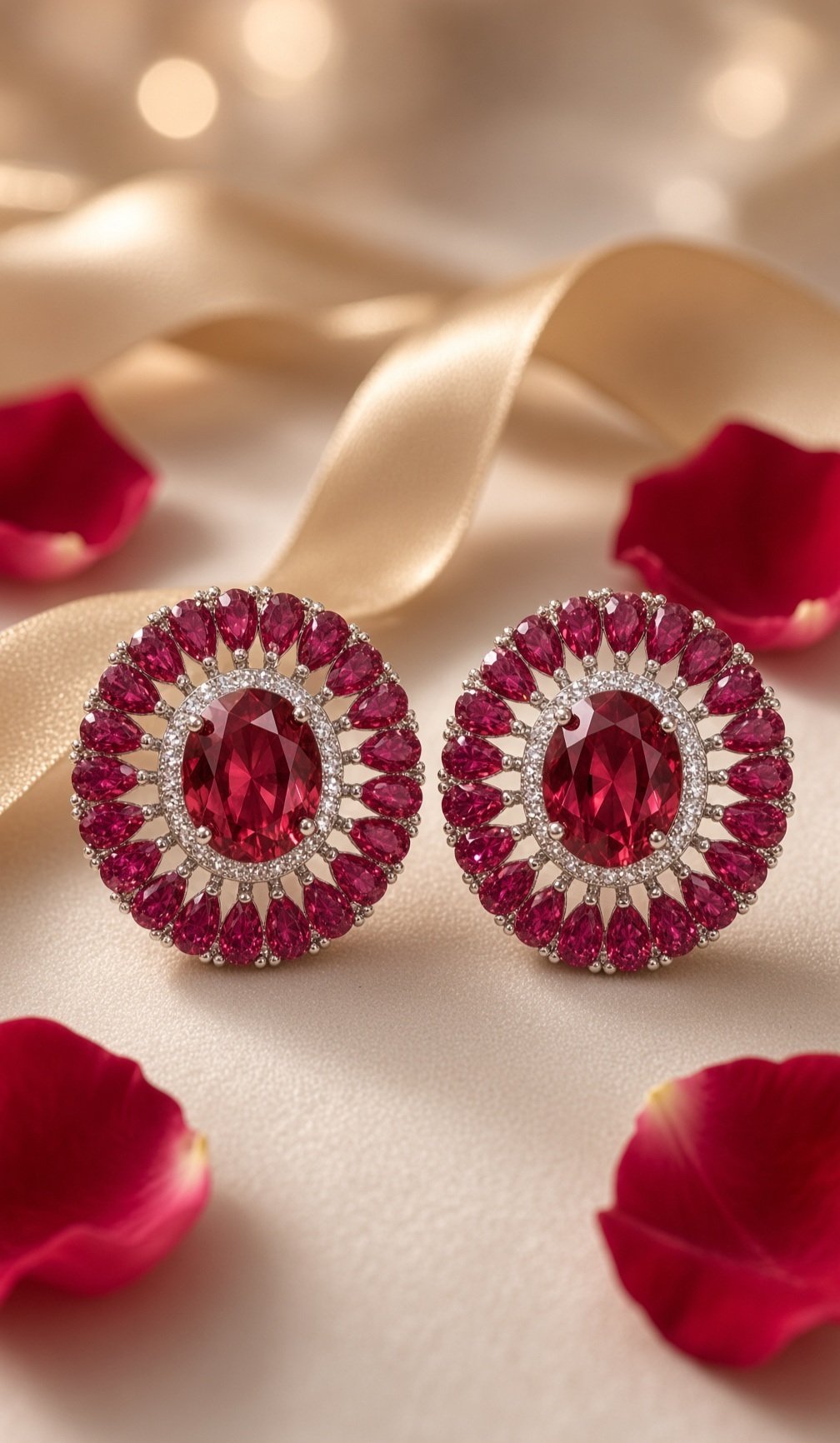 The Crimson Royale Oval Ruby Double Halo Studs-Platinum Finish
