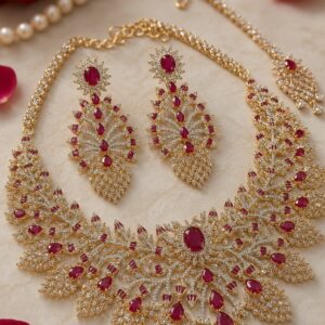 Royal Heritage Diamond-Style Crimson Ruby Feather Choker Set-Gold Finish