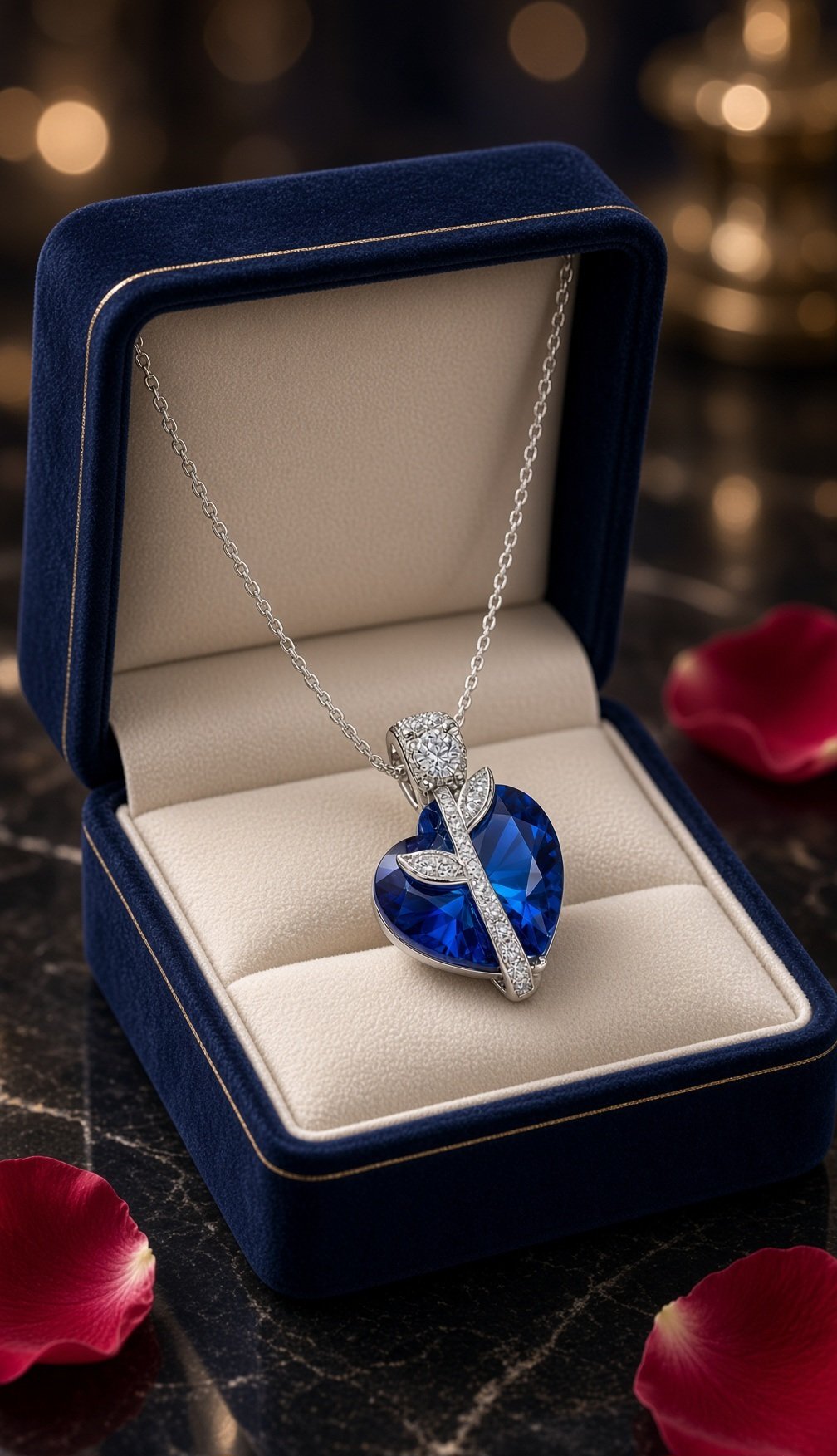 The Sapphire Rose Heart Pendant Chain-Platinum Finish