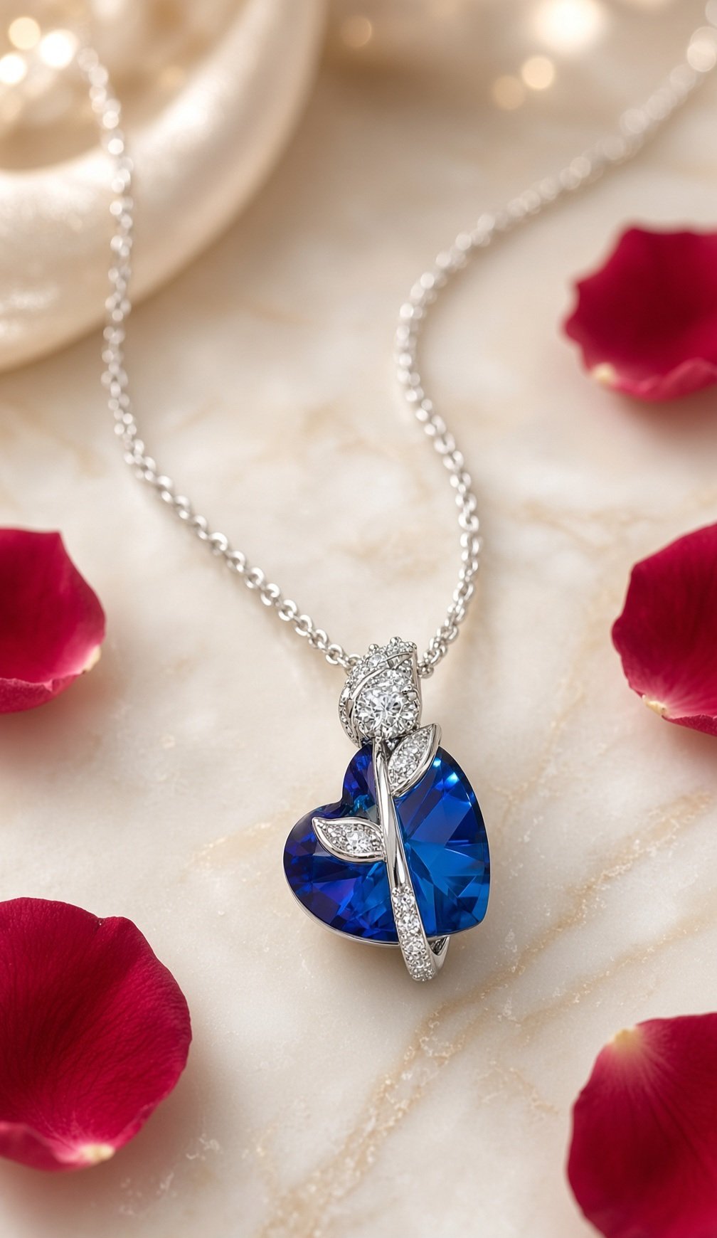 The Sapphire Rose Heart Pendant Chain-Platinum Finish - Image 2
