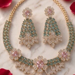 The Empress Emerald Garden Bloom Diamond-Style Choker Set-Gold Finish