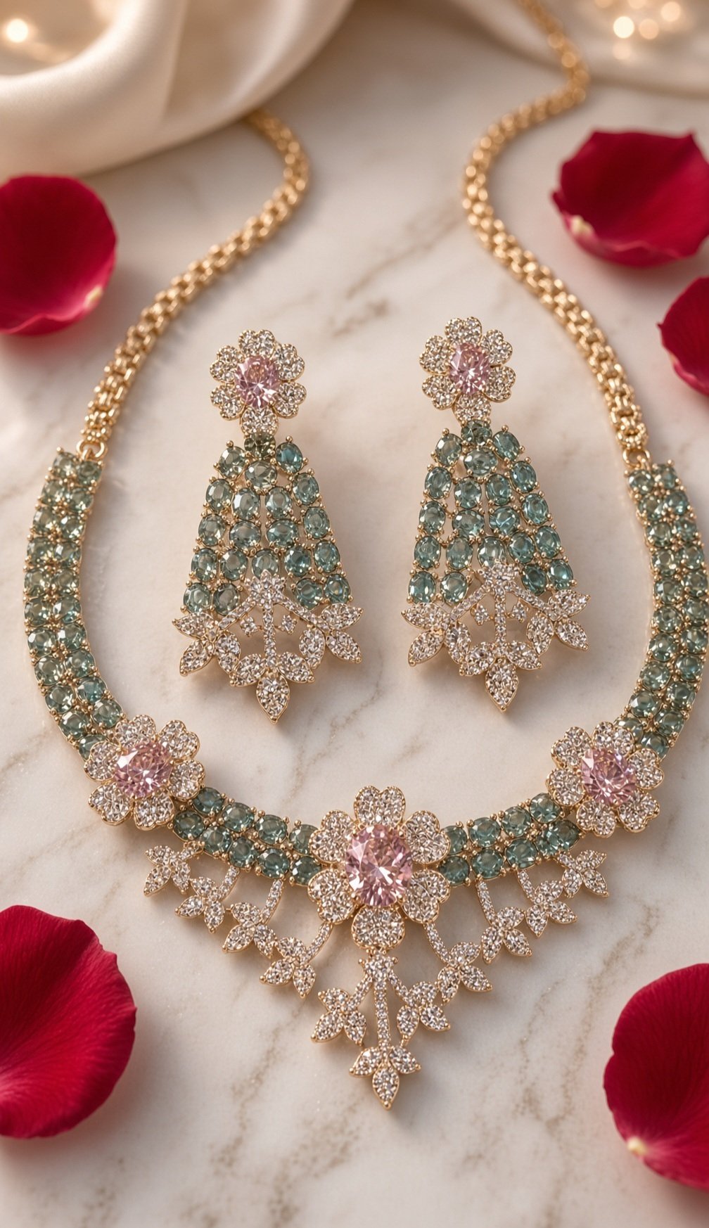 The Empress Emerald Garden Bloom Diamond-Style Choker Set-Gold Finish