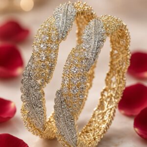 Opulent Dual-Tone Zirconia Leaf Pattern Bangles(set of 2)(size 2.6)