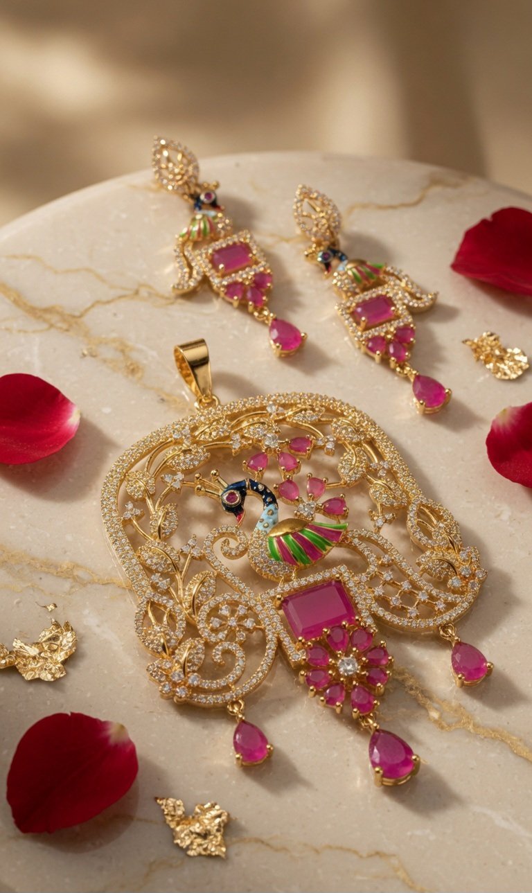 Shahi Mor/ Peacock Ruby Pendant Set