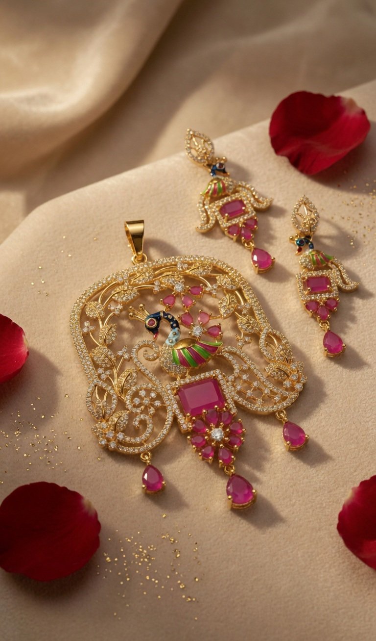Shahi Mor/ Peacock Ruby Pendant Set - Image 2