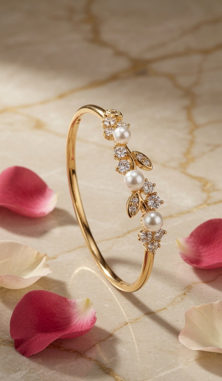 Leaf Pearl Overlaped Side Openable bracelet