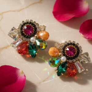 Rainbow Crystal Floral Stud Earrings