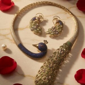 The Royal Avian Sapphire And Gold Peacock Choker Set-Gold Finish