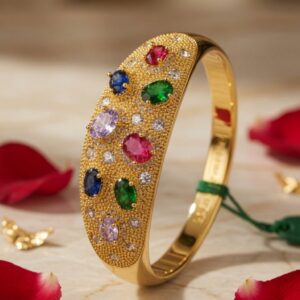 The Oasis Stardust Multi-Gemstone Domed Kada Bracelet-Gold Finish