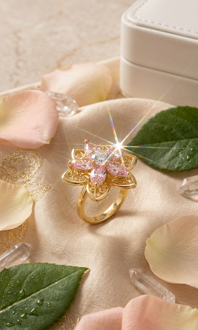 The Monarch Rose Filigree Pink Diamond-Style Ring Adjustable-Gold Finish