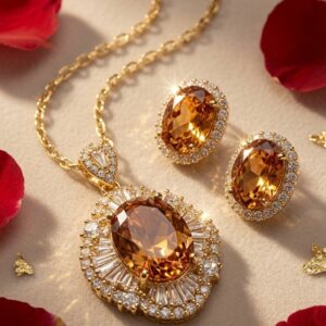 Saffron Halo Baguette Diamond Border Imperial Topaz Pendant Set-Gold Finish