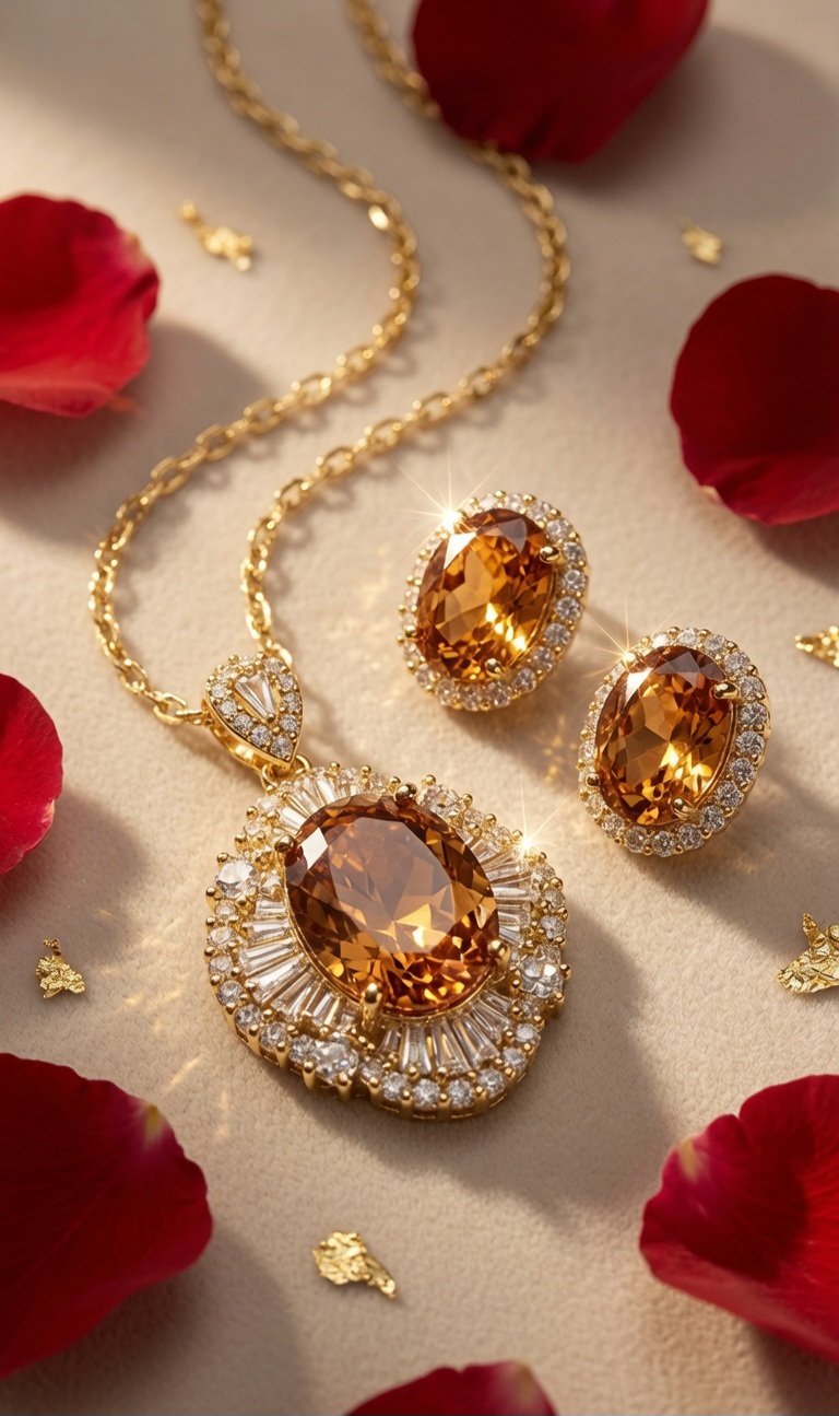 Saffron Halo Baguette Diamond Border Imperial Topaz Pendant Set-Gold Finish