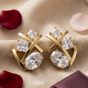Valerie Architectural Princess And Oval Cut Cluster Stone Earrings-Gold Finish
