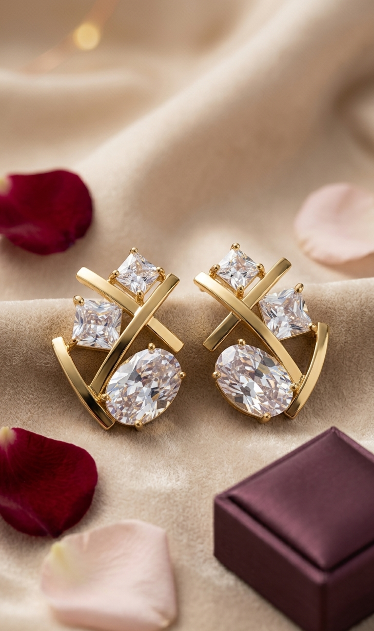 Valerie Architectural Princess And Oval Cut Cluster Stone Earrings-Gold Finish