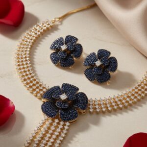 Designer Cubic Blue Zirconia Flower Tassel Jewelry Set