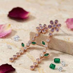 Amethyst Flora Luxe Long Stem Dangle Earrings-Gold Finish