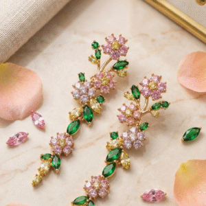 Blossom And Emerald Luxe Floral Cascade Earrings-Gold Finish