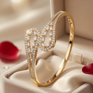 Verona Ribbon Bypass Infinity Wave Baguette Kada Bracelet-Gold Finish