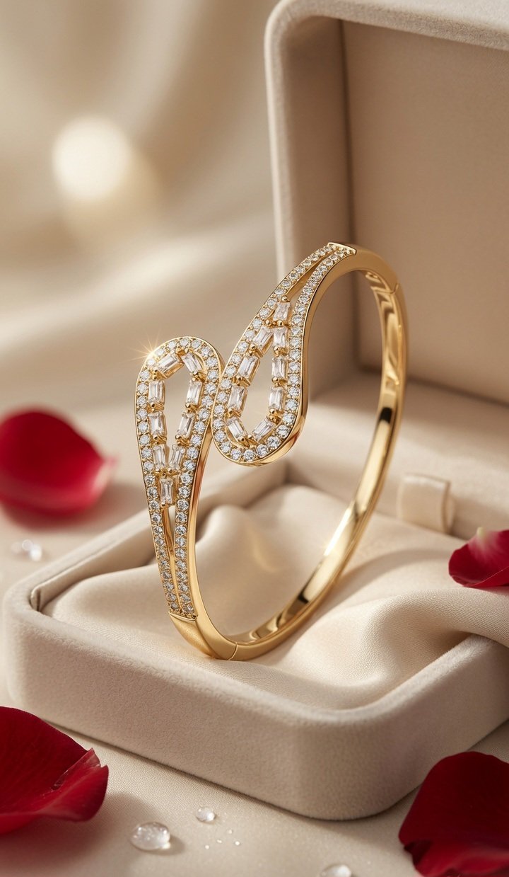 Verona Ribbon Bypass Infinity Wave Baguette Kada Bracelet-Gold Finish