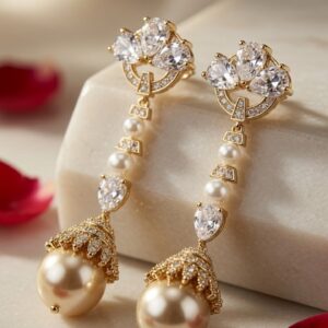 Empress Champagne Pearl Palace Tiara Crown Earrings-Gold Finish