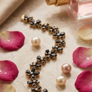 The Midnight Blossom Noir Flower Botanical Link Bracelet-Gold Finish