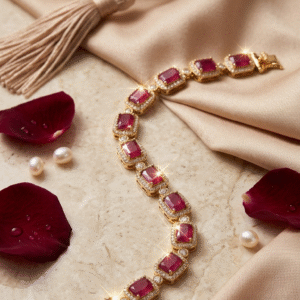Monarch Crimson Horizon Velvet Ruby-Red Emerald-Cut Link Bracelet-Gold Finish