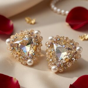 Luxury Trillion Cut Champagne Studs With Peral Accents-Gold Finish