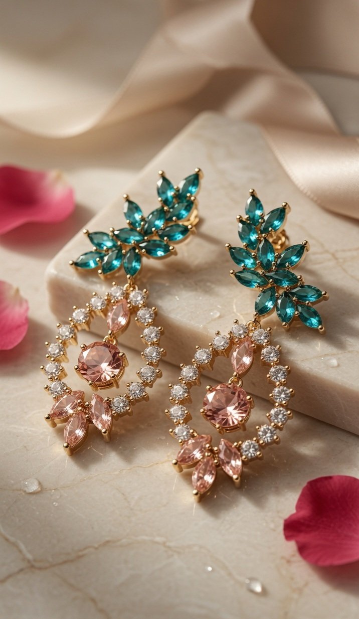Imperial Laurel Tourmaline Emerald Meadow Morganite Earrings-Gold Finish