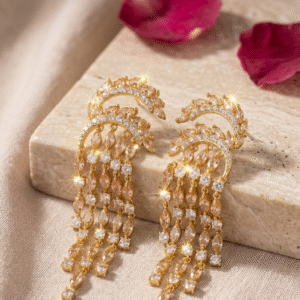 The Aurelia Crescent Champagne Diamond-Style Fringe Earrings-Gold Finish