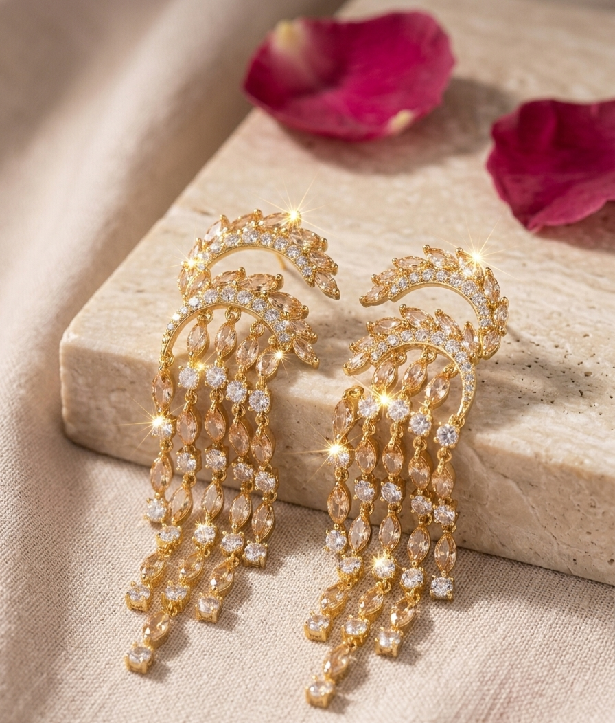 The Aurelia Crescent Champagne Diamond-Style Fringe Earrings-Gold Finish