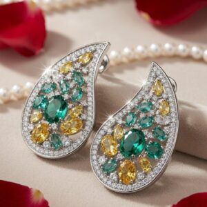The Empress Paisley Emerald And Yellow Sapphire Studs-Platinum Finish