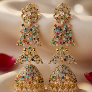 The Maharaja Peacock Jhumka Premium Multi-Gemstone Heritage Earrings-Gold Finish