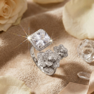 The Empress Camellia Luxury Silver Princess-Cut Halo And Finish Cocktail Ring-Ring-Platinum Finish