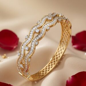 Cascading Brillance Wavy Channel-Set Baguette Kada Bracelet-Gold Finish