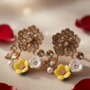 Gilded Meadow Luxury Enamel And Floral Statement Earrings-Gold Finish