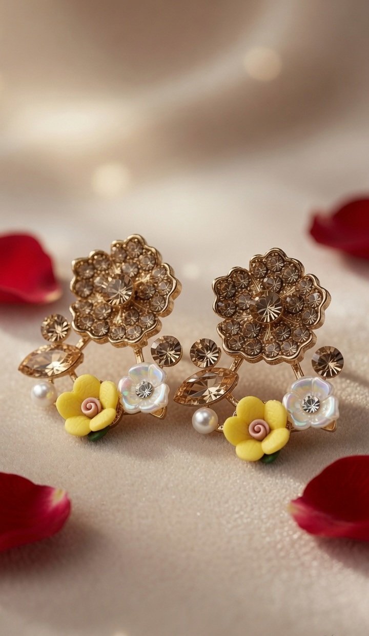 Gilded Meadow Luxury Enamel And Floral Statement Earrings-Gold Finish