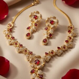 The Crimson Luxury Designer Cubic Zirconia Foliage Choker Set With Red Accents-Gold Finish
