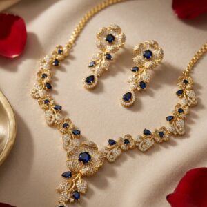 The Royal Sapphire Midnight Vine Floral Necklace Set With Sapphire Blue Drop-Gold Finish