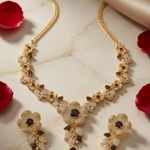 The Mordern Noir Premium Pavè Floral Necklace Set With Midnight Brown Accent-Gold Finish