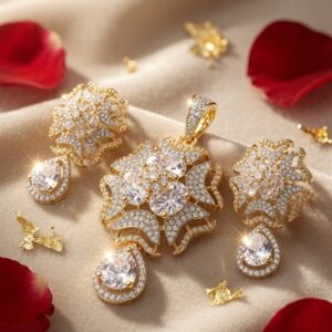 The Jodhpur Blossom Mandala Aura Traditional White Pendant Set-Gold Finish