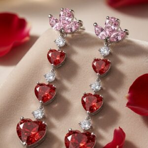 The Amara Pink Lotus And Ruby Red Heart Drop Earrings-Platinum Finish